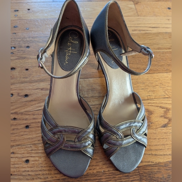 Cole Haan Pewter & Gold Peep Toe Heels - Picture 2 of 8